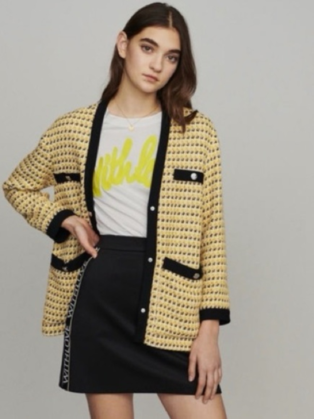 MAJE Jacket in tweed and lurex Size 4 US yellow black gold